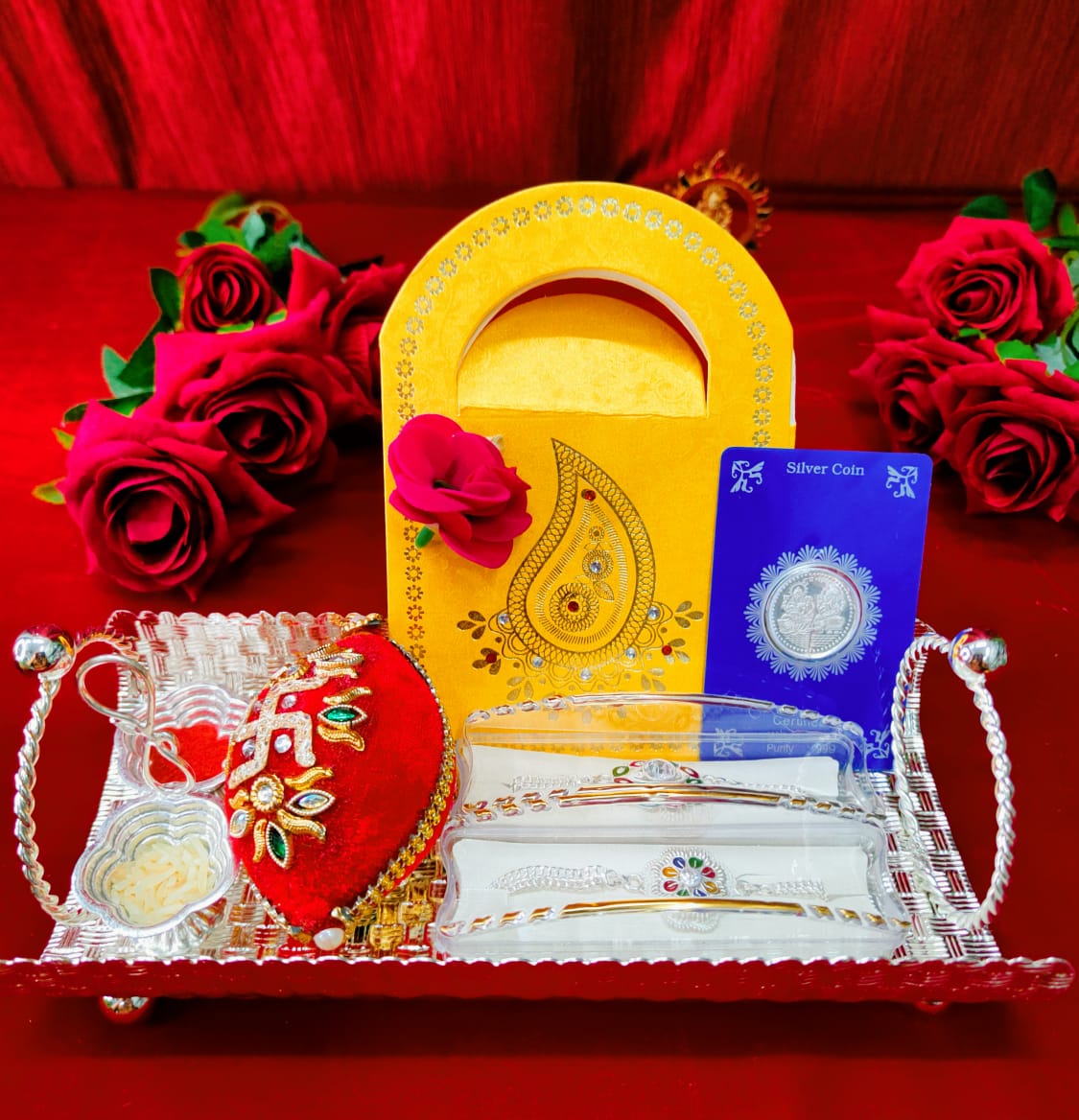 German silver tray with 2 silver  Rakhi combo for rakhshabandhan festival